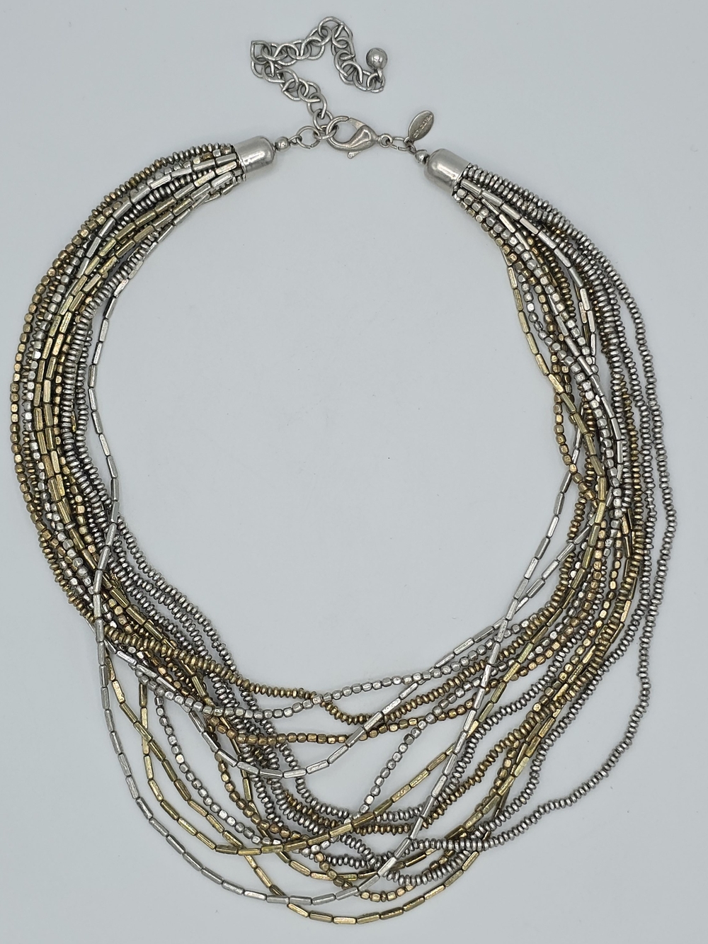 Chico’s Multi Strand Seed Bead Necklace Mixed Metal Gold Silver Tone Adjustable - Picture 3 of 10